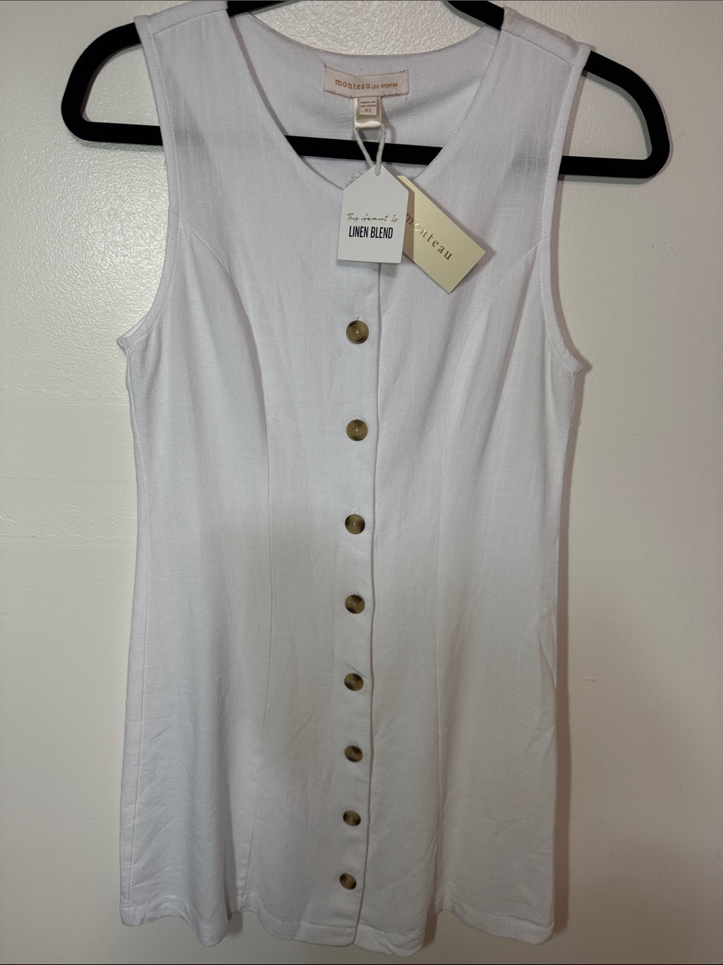 Nwt Monteau White Linen-Blend Button Front Mini Dress